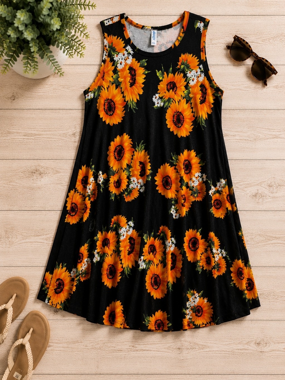 Sleeveless Sunflower Floral Swing Dress 2XL Black Orange Boho Midi